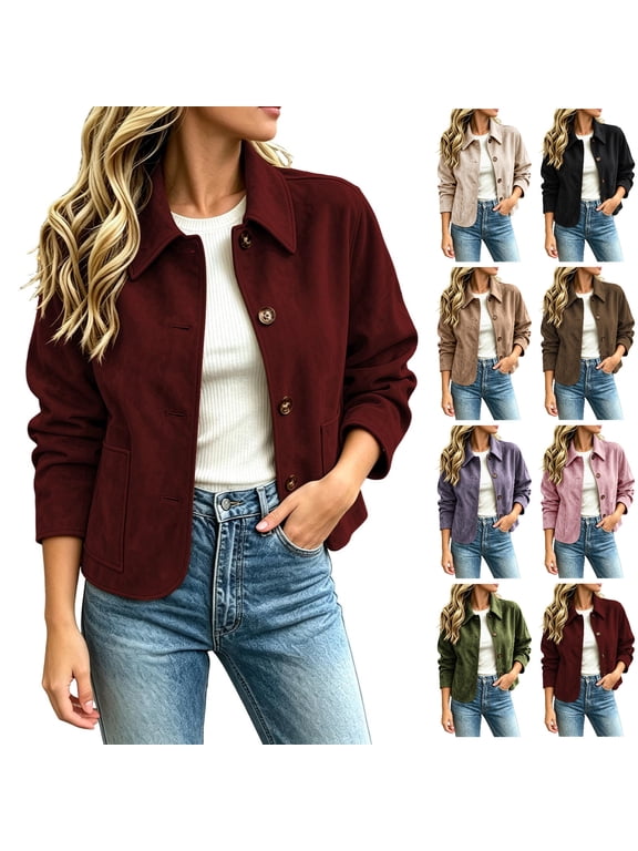 Faux Suede Jacket for Women Button Front with Pockets Fitted Cropped Coats Casual Fall Winter Business Work Outfits Wine,XL