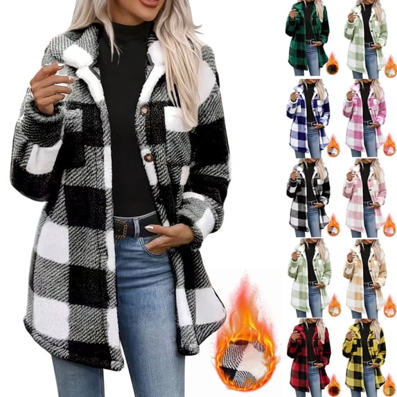 fheaev Flannel Jacket for Woman Plaid Fleece Lined Coat Casual Warm Long Sleeve Button Down With Pockets Fall Winter Wear Black,XL