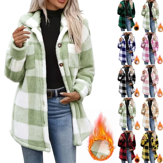 fheaev Flannel Jacket for Woman Plaid Fleece Lined Coat Casual Warm Long Sleeve Button Down With Pockets Fall Winter Wear Green,XL