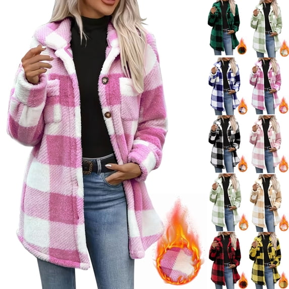 fheaev Flannel Jacket for Woman Plaid Fleece Lined Coat Casual Warm Long Sleeve Button Down With Pockets Fall Winter Wear Hot Pink,2XL