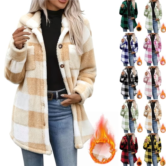 fheaev Flannel Jacket for Woman Plaid Fleece Lined Coat Casual Warm Long Sleeve Button Down With Pockets Fall Winter Wear Orange,L