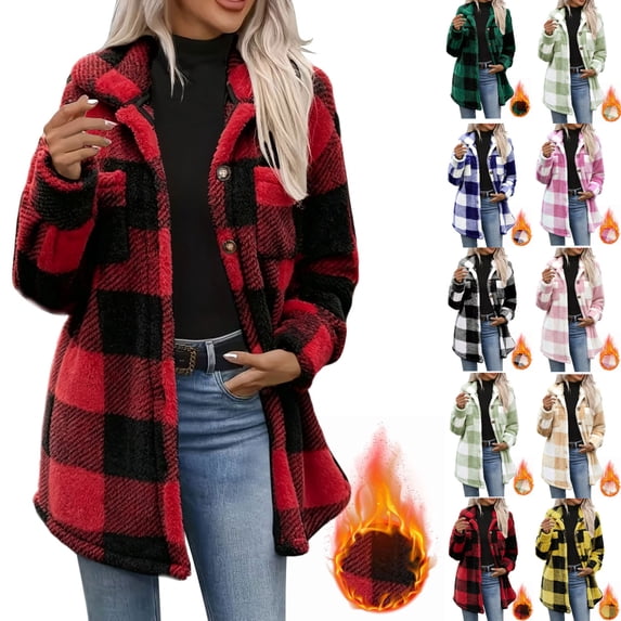 fheaev Flannel Jacket for Woman Plaid Fleece Lined Coat Casual Warm Long Sleeve Button Down With Pockets Fall Winter Wear Red,M