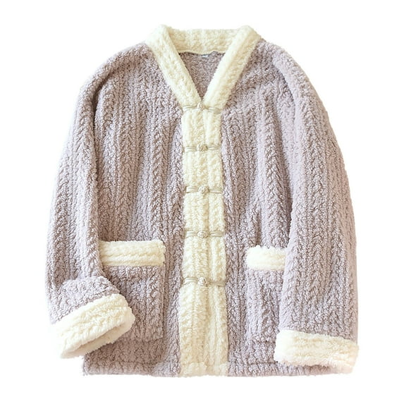 fheaev Flannel Pajama For Women V-Neck Plush Fleece Sleepwear Pjs Thick Warm Fuzzy Soft Cozy Sleepwear Home Clothes