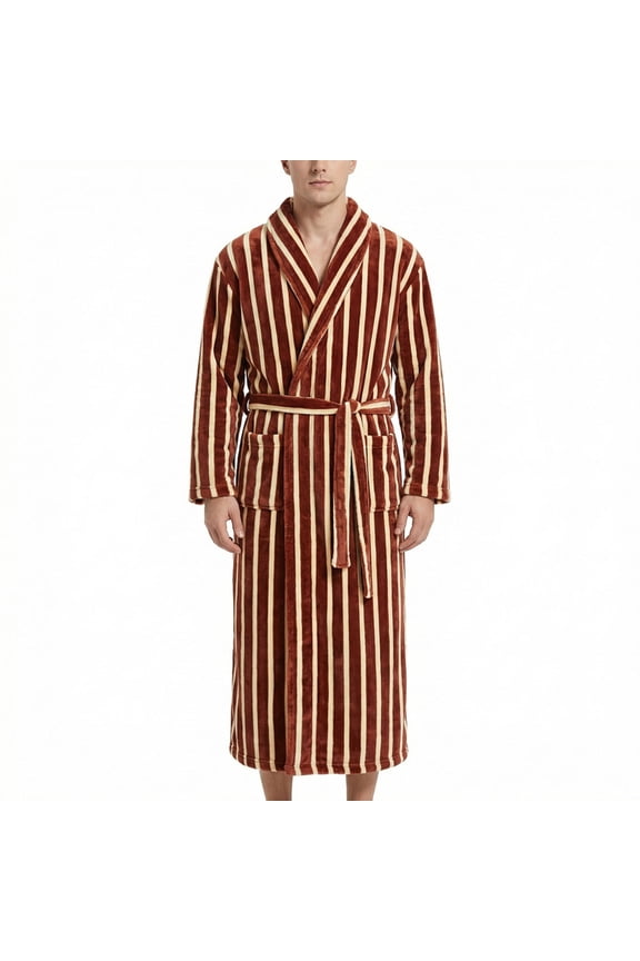 Flannel Robe for Men Below Knee Stripe Robe with Pockets Lapel Collar with Pockets Bathrobe Orange,L