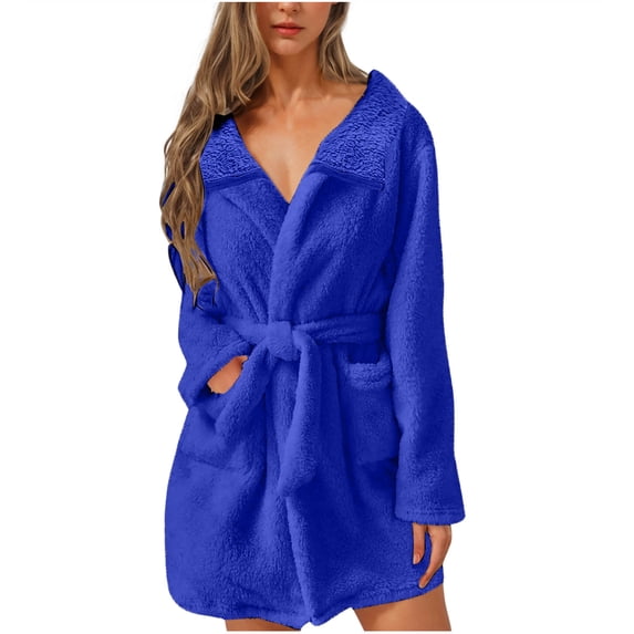 fheaev Fleece Robe for Women Double-Sided Plush Winter Thickened Collar Long Sleeve Nightgown with Pockets Warm Bathrobe Blue,XXL