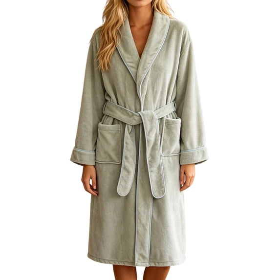 fheaev Fleece Robe for Women Winter Thickened Knee Length with Pockets Lapel Collar Bathrobe Home Wear Nightgown Green,Free Size