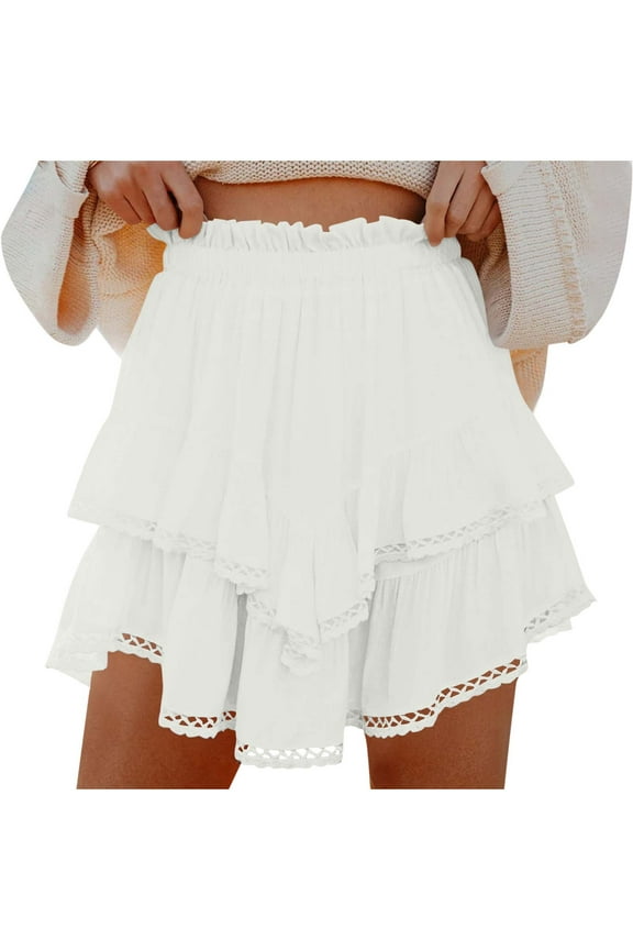 Flowy Shorts for Women Boho Ruffled Tiered Skorts High Waist Mini Skirts Tennis Comfy Shorts Solid Color Summer Pleated Athletic Skirt