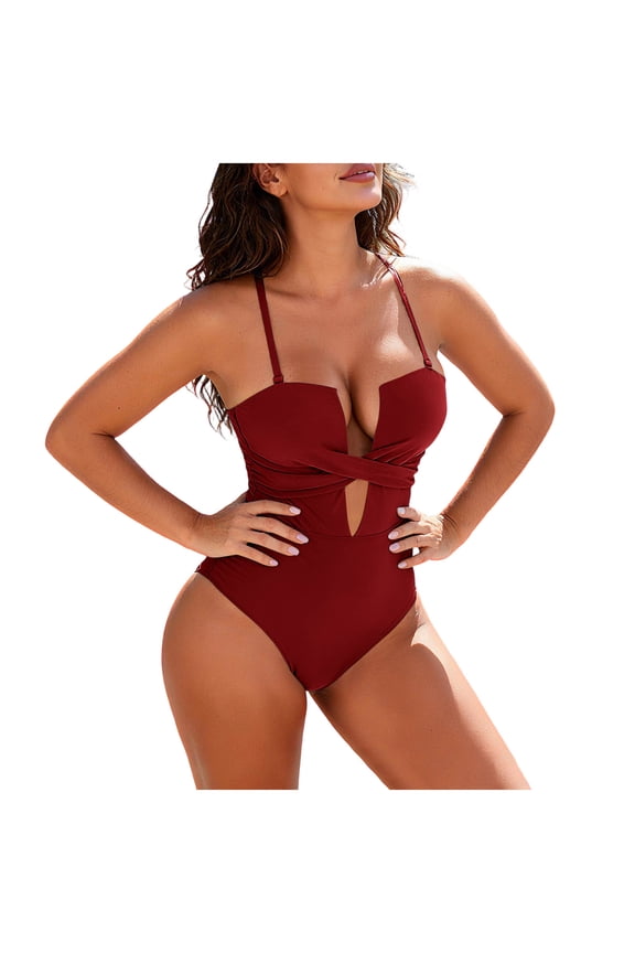Full Piece Swimsuit for Women Deep V Cut Out Monokini High Cut Cheeky One-Piece Design Padded Push Up Summer Vacation Pool Party Swimwear