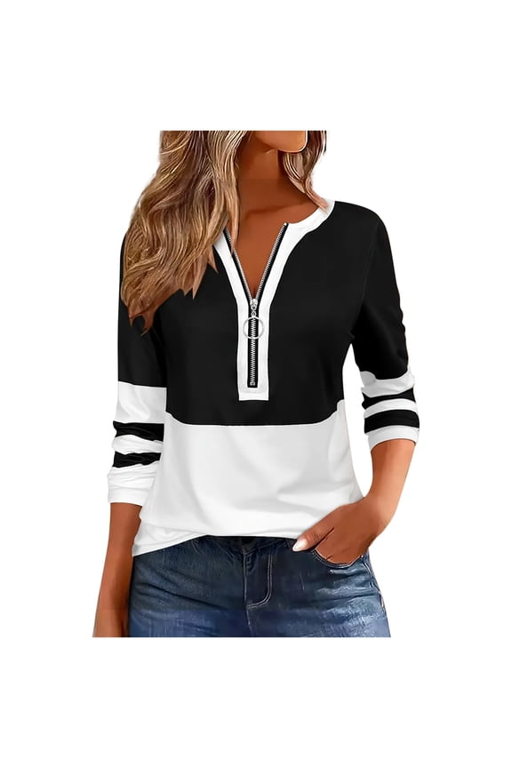 Half Zip Sweatshirts for Women Pullover Tops Color Block Tunic Tops Quarter Zipper Hoodies Fall Winter Clothes Casual Trendy Crewneck Tops