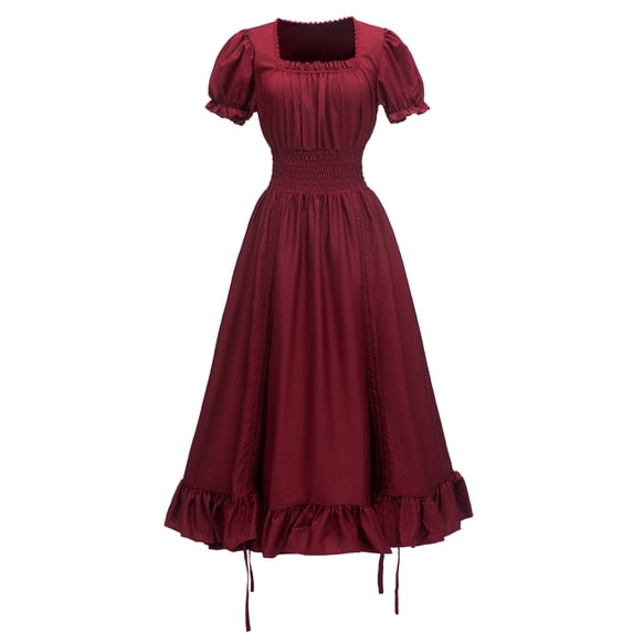 fheaev Halloween Medieval Vintage Dress For Women Solid Color Short Sleeved Square Neck Retro Renaissance Cosplay Gothic Swing Maxi Dress Court Style Halloween Party Masquerade Costumes