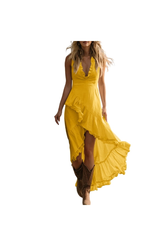 Halter Dresses for Women Boho High-Low Irregular Hem Sleeveless Flowy A Line Beach Vacation Sundress Yellow L
