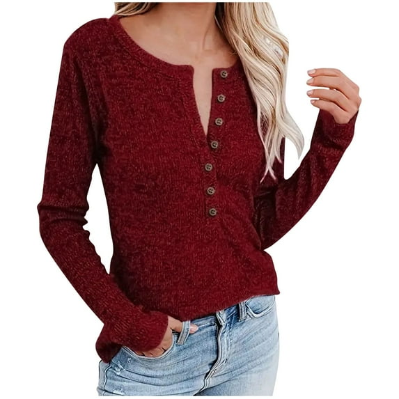 fheaev Henley Shirts For Women Long Sleeve Shirts Knitted Sweater Round Neck Sweatshirt Casual Tops Loose Dressy Basic Tee Pullovertops Blouse Fall Fashion Trendy Outfits Winter Clothes 2024
