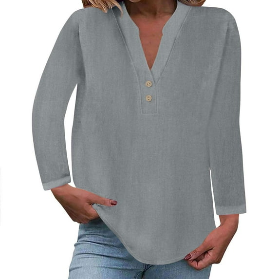 fheaev Henley Shirts For Women Long Sleeve Shirts V Neck Basic Tee Casual Shirts Ladies Loose Button-Up Blouses Tunic Tee Loose Fit Pullover Dressy T-Shirt Casual Tops For Women