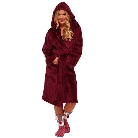 fheaev Hooded Plush Robe for Women Fleece Solid Casual Waist Tie Cardigan Knee Length with Pockets Bathrobe Wine,L