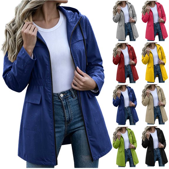 fheaev Hooded Rain Jackets for Women Zip Up Pocket Waterproof Windproof Long Sleeve Fall Outdoor Wear Blue,2XL