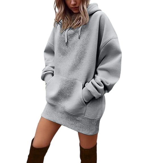 fheaev Hooded Sweatshirt Dress for Women Casual Fall Fashion Drawstring Long Sleeve Tunic Oversized Sweatshirts with Pocket Gray,M