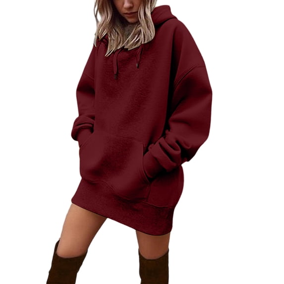 fheaev Hooded Sweatshirt Dress for Women Casual Fall Fashion Drawstring Long Sleeve Tunic Oversized Sweatshirts with Pocket Wine,XL