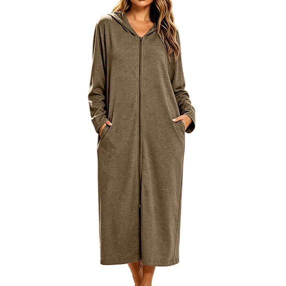 fheaev Hooded Zip-Up Long Robe for Women with Pockets Casual Loose-Fitting Long-Sleeved Dress Occasion Fall Outfits Brown,XL