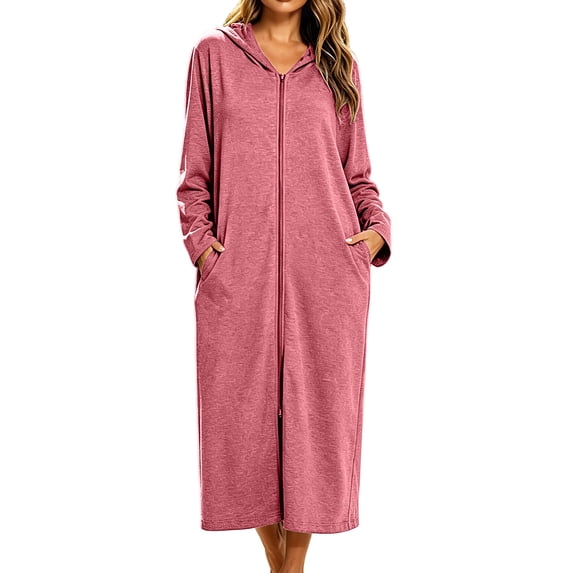 fheaev Hooded Zip-Up Long Robe for Women with Pockets Casual Loose-Fitting Long-Sleeved Dress Occasion Fall Outfits Pink,XL
