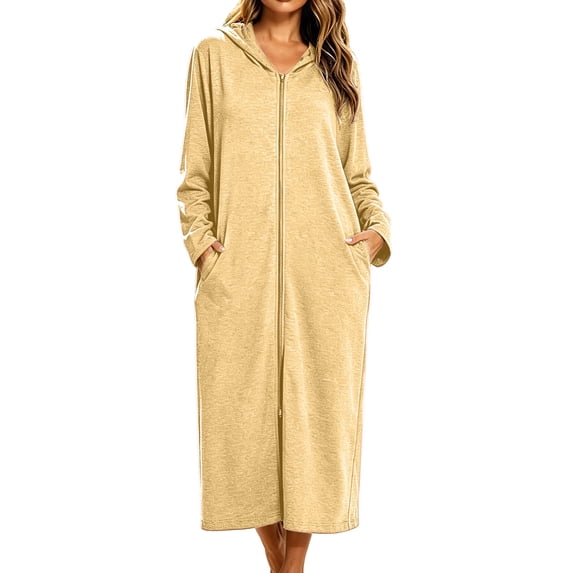 fheaev Hooded Zip-Up Long Robe for Women with Pockets Casual Loose-Fitting Long-Sleeved Dress Occasion Fall Outfits Yellow,S