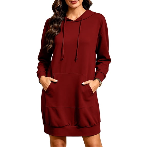 fheaev Hoodies Sweatshirts Dress for Women Casual Long Sleeve Tunic Dress Oversized with Pocket Fall Outfits Wine,M