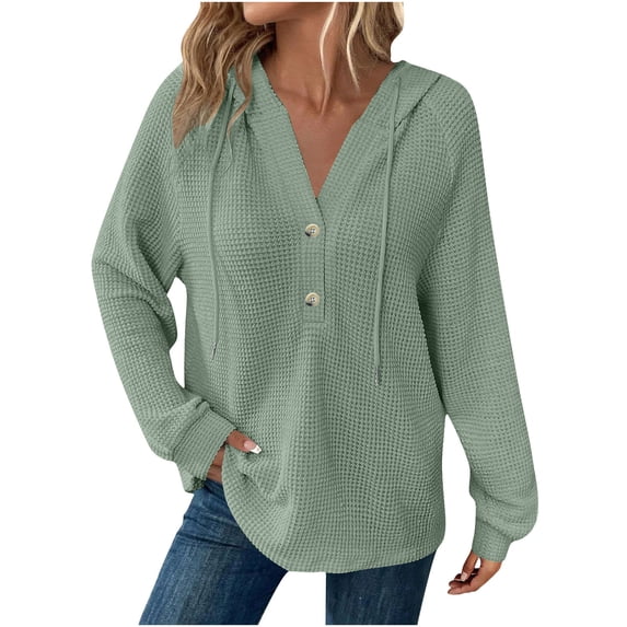 fheaev Hoodies for Women Waffle Knit Long Sleeve Drawstring Button V Neck Casual Pullover Sweatshirt Hooded Pullover Tops Trendy Sweatshirt Blouses for Fall 2025