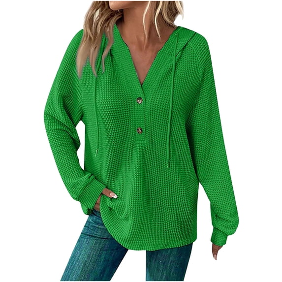 fheaev Hoodies for Women Waffle Knit Long Sleeve Drawstring Button V Neck Casual Pullover Sweatshirt Hooded Pullover Tops Trendy Sweatshirt Blouses for Fall 2025