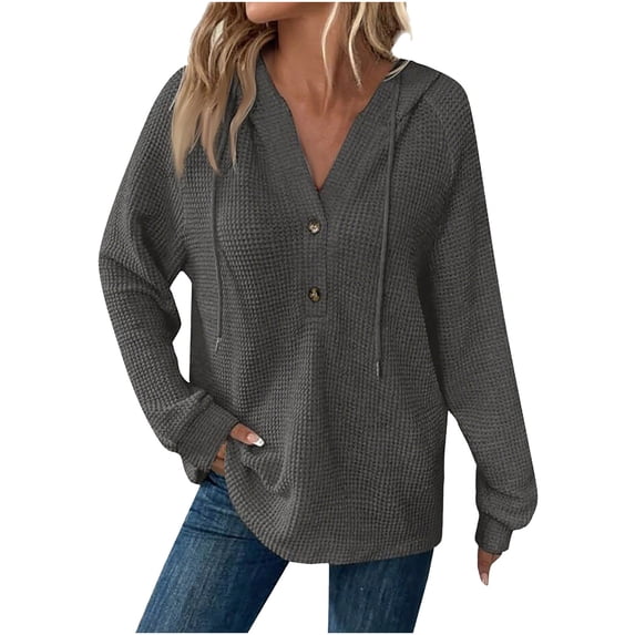 fheaev Hoodies for Women Waffle Knit Long Sleeve Drawstring Button V Neck Casual Pullover Sweatshirt Hooded Pullover Tops Trendy Sweatshirt Blouses for Fall 2025