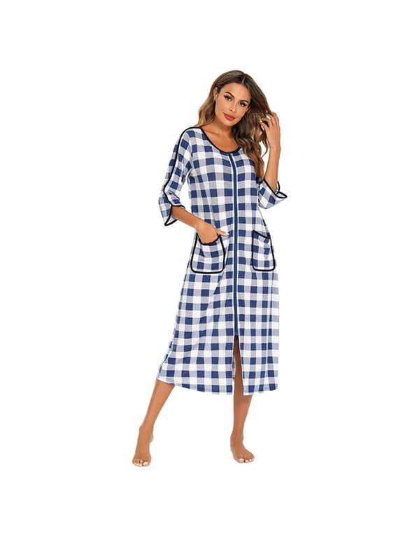 House Coat Or Duster Or Bathrobe For Woman Robes Zipper Robe 3/4 Sleeve Nightgown Sleepwear Duster Housecoats Knee Length Nightgown With Pockets Loose Pajamas