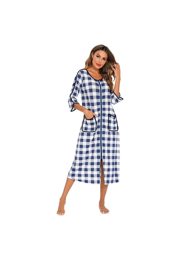 House Coat Or Duster Or Bathrobe For Woman Robes Zipper Robe 3/4 Sleeve Nightgown Sleepwear Duster Housecoats Knee Length Nightgown With Pockets Loose Pajamas