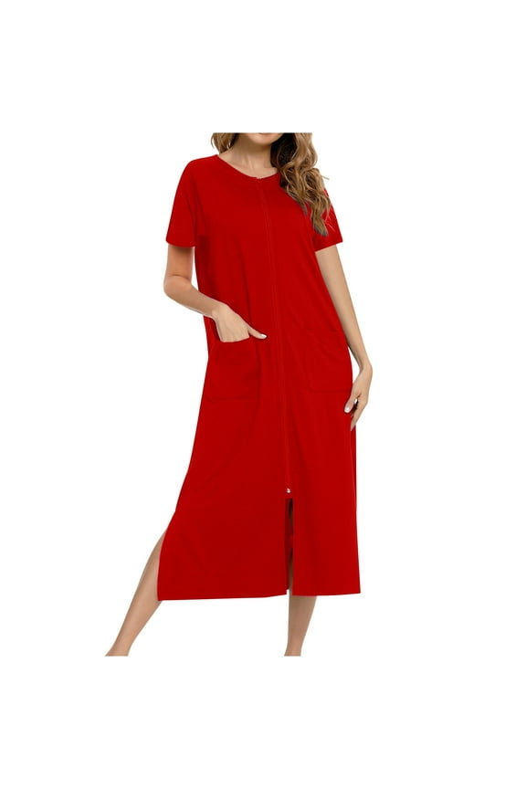 House Coat Or Duster Or Bathrobe For Woman Robes Zipper Robe 3/4 Sleeve Nightgown Sleepwear Full Length Duster Housecoats Long Nightgown With Pockets Loose Pajamas