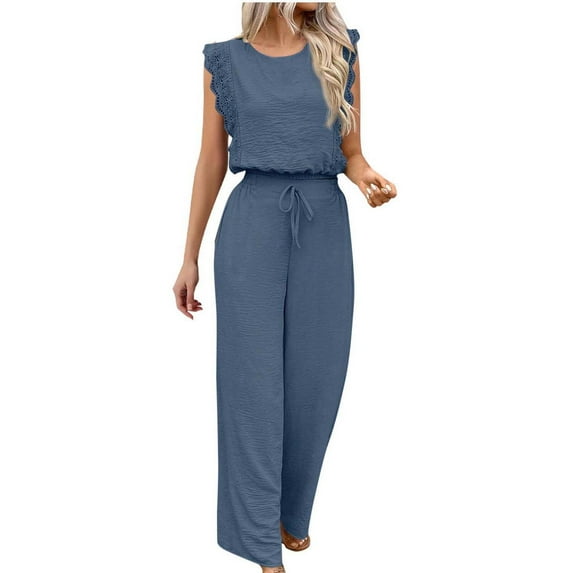 fheaev Jumpsuits for Women Casual Summer 1 Piece Outfits Solid Color Sleeveless Wide Leg Pants Rompers with Pockets Clubwear Straight Leg Jumpsuit for Workwear