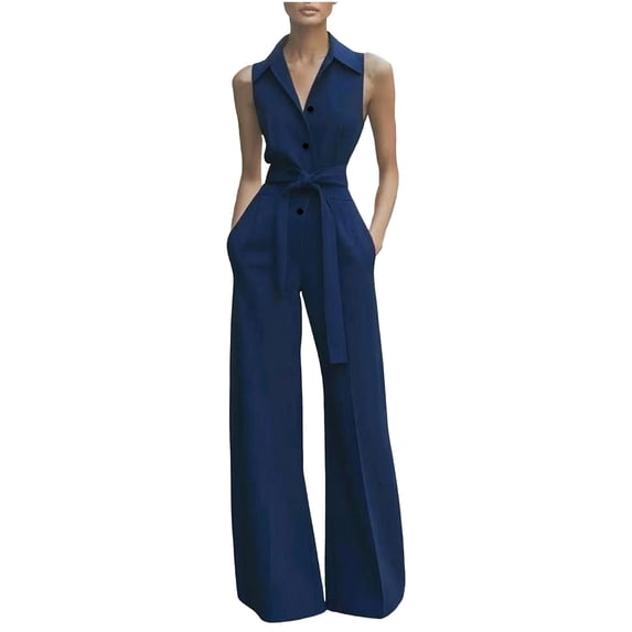 fheaev Jumpsuits for Women Elegant Collared Button Lace-Up Wide Leg Loose Fit with Pockets Office Business Outfits Navy L