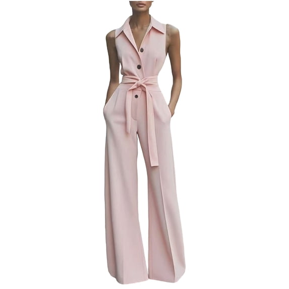 fheaev Jumpsuits for Women Elegant Collared Button Lace-Up Wide Leg Loose Fit with Pockets Office Business Outfits Pink XL