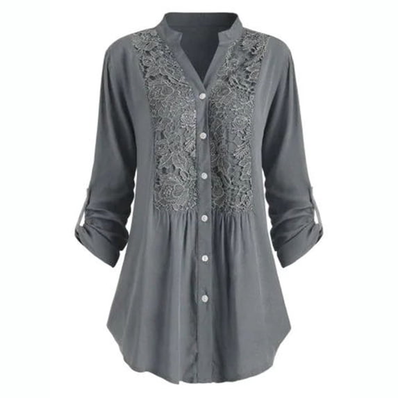 fheaev Womens Plus Size Lace Trim Tunic Tops V Neck Button Down Roll Up Sleeve Casual Office Work Blouse for Leggings