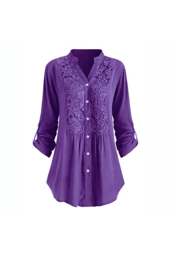 Womens Plus Size Lace Trim Tunic Tops V Neck Button Down Roll Up Sleeve Casual Office Work Blouse for Leggings