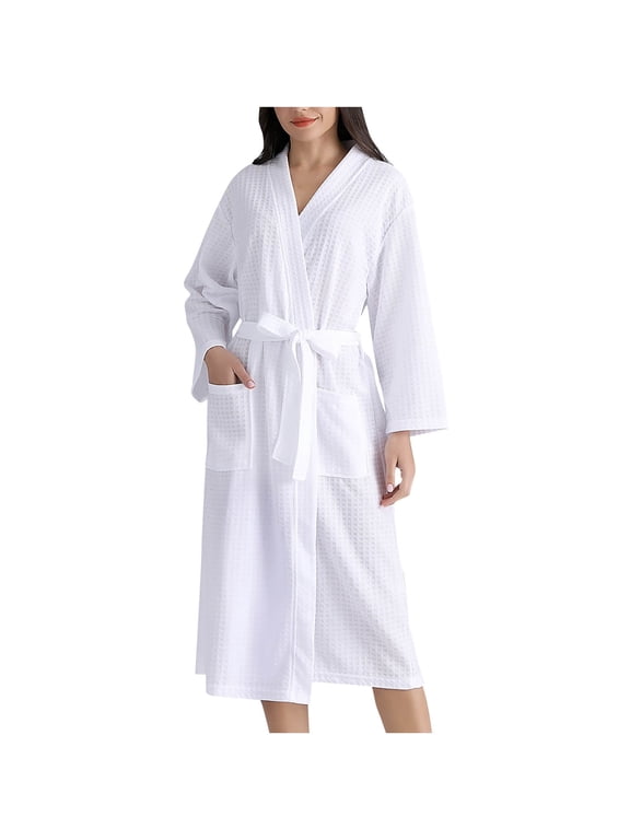 Lightweight Robes For Women Waffle Bathrobe Soft Fast-Drying Unisex Couple Hotel Robe House Dress Long Nightgown With Pockets