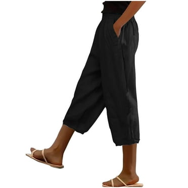 fheaev Linen Capris For Women 2024 Summer Lightweight Plus Size Shorts High Waisted Cropped Pants Casual Loose Wide Leg Trousers With Pockets Hiking Pants Summer Clothes Lounge Pants For Women