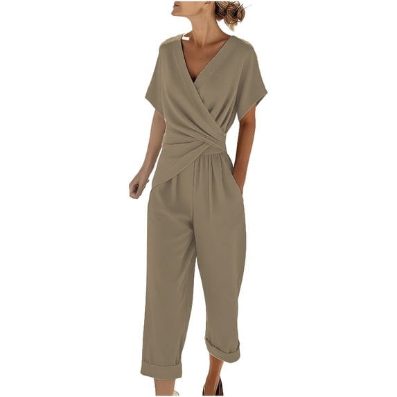 fheaev Linen Set for Women Summer V-Neck Loose V-Neck 3/4 Sleeve Shirt Wide Leg Pants Set Spring Clothes Travel Outfits