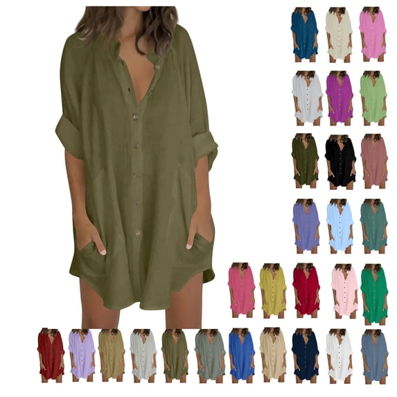 fheaev Long Button Down Shirts for Women Casual Loose Long Sleeve Solid Tunics With Pockets to Wear With Leggings