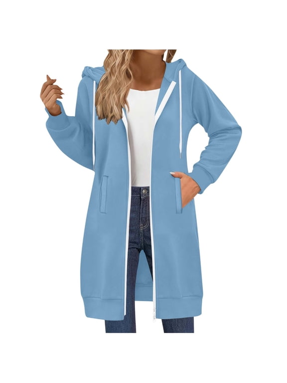 Long Double Zip Up Hoodies for Women Fleece Sweatshirts Fall Winter Fleece Jackets with Pockets Drawstring Light Blue,XXXL