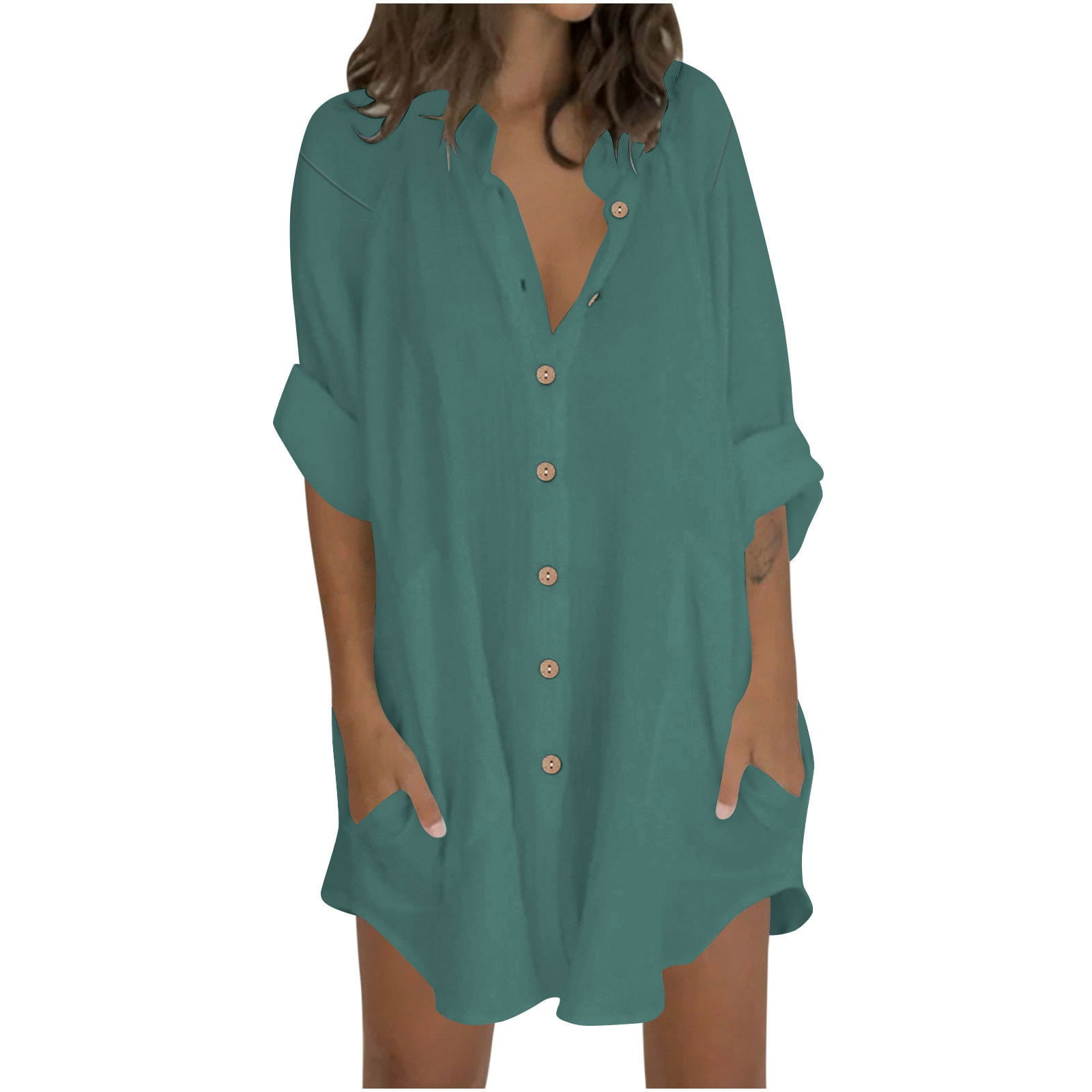OFEEFAN Women's Long Sleeve Tunic Dress With Pockets – Fall & Winter Button-Down Flowy Dress