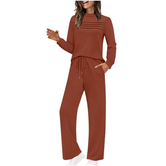fheaev Long Sleeve 2pcs Sets for Women Wide Leg Pants Solid Color Comfortable Round Neck Top Sweatshirts Loose Trousers Matching Outfits Sweat Sets Tracksuit for Travel Vacation