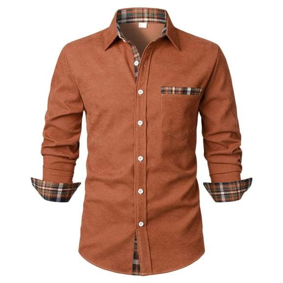 fheaev Long Sleeve Corduroy Shirts For Men Casual Turndown Collar Soild Color T-Shirt Blouse Tops Basic Bottoming Long Sleeve Button T-Shirts Tops Workout T Shirts