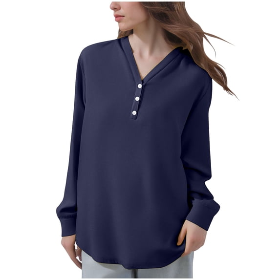 fheaev Long Sleeve Henley Shirts for Women Casual V-Neck Fall Loose Fit Tops Solid Color Oversized Basic Tees Business Casual Outfits