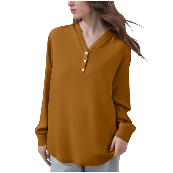 fheaev Long Sleeve Henley Shirts for Women Casual V-Neck Fall Loose Fit Tops Solid Color Oversized Basic Tees Business Casual Outfits