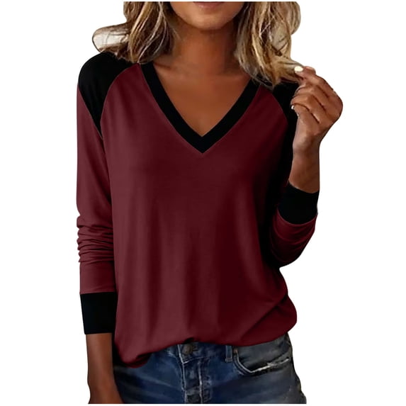 fheaev Long Sleeve Shirts for Women Casual Color Block Tunics Tops Loose Fit V-Neck Basic Tee Pullover Blouses Fashionable Workout Layer Fall Outfit