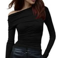 thumbnail image 1 of fheaev Long Sleeve Shirts for Women Casual Solid Color Irregular Shoulder Pleated Slim T-Shirt High Elastic Base Top, 1 of 5