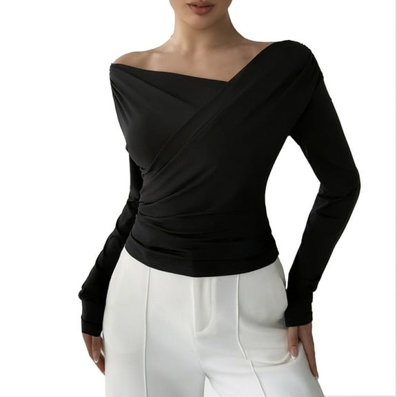 fheaev Long Sleeve Shirts for women Slanted shoulder collar Bottom Shirt Slim Fitted Casual Basic Tee T Shirt Stretch Fitted Underscrubs Trendy Basic Tops