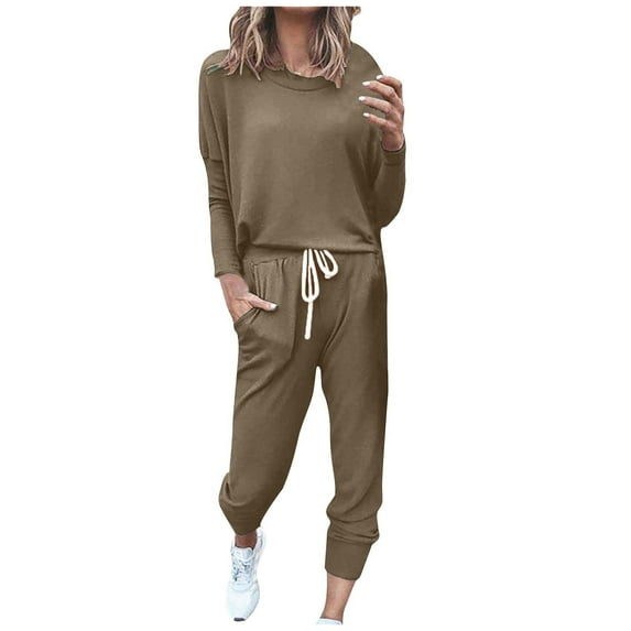 fheaev Sweatsuit Sets for Women 2pcs Sets Jogger Set Casual 2 Piece Outfit Solid Color Sweatshirts Pullover Tops Long pant Tracksuits with Pockets